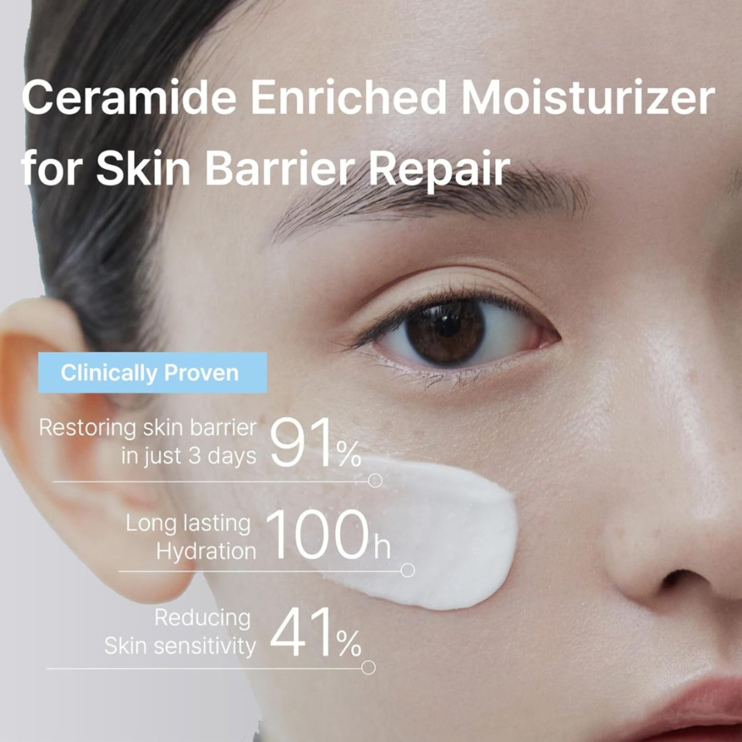 Ceramide enriched moisturizer for skin barrier repair with clinical benefits on a person's face.