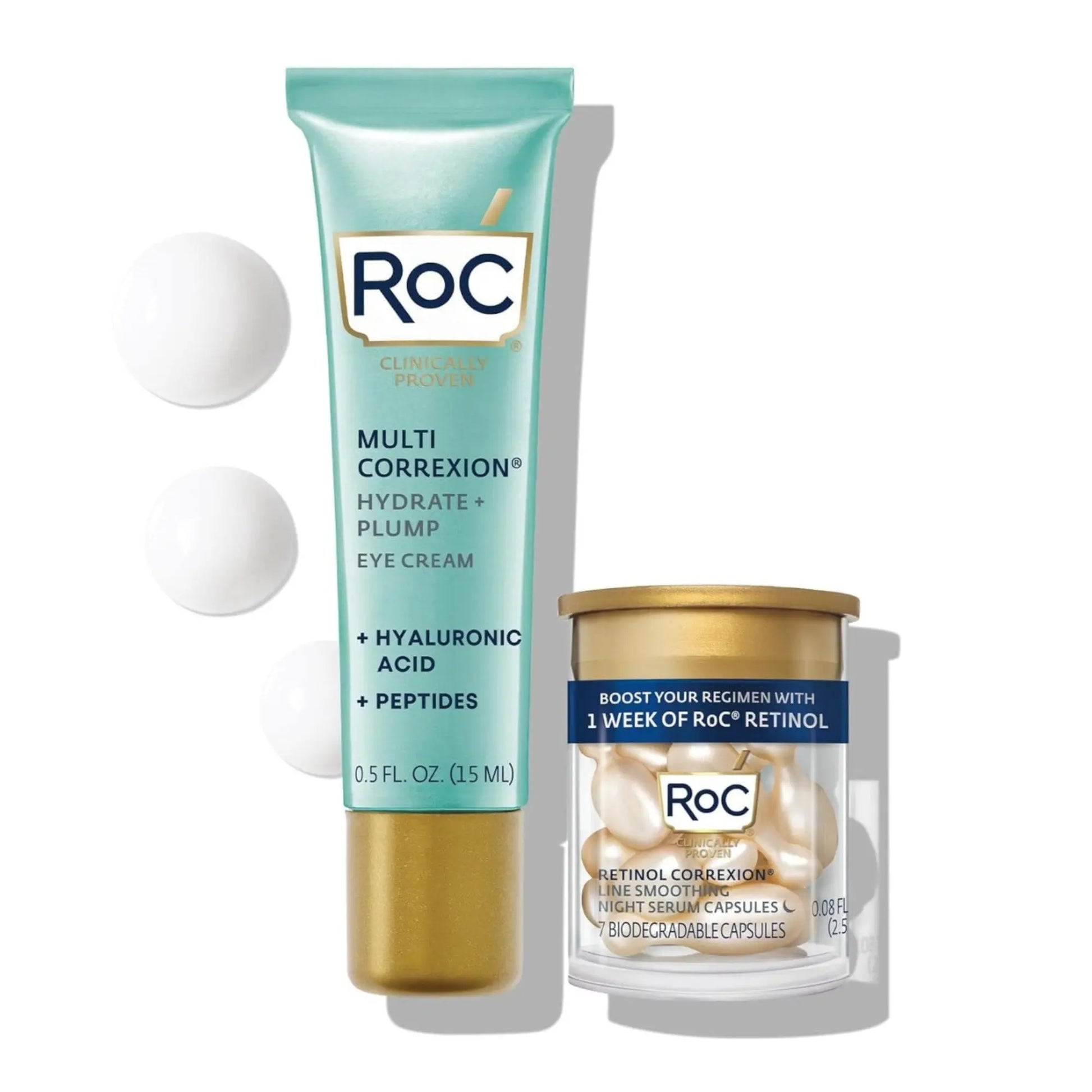 RoC skincare products including eye cream and capsules on a white background
