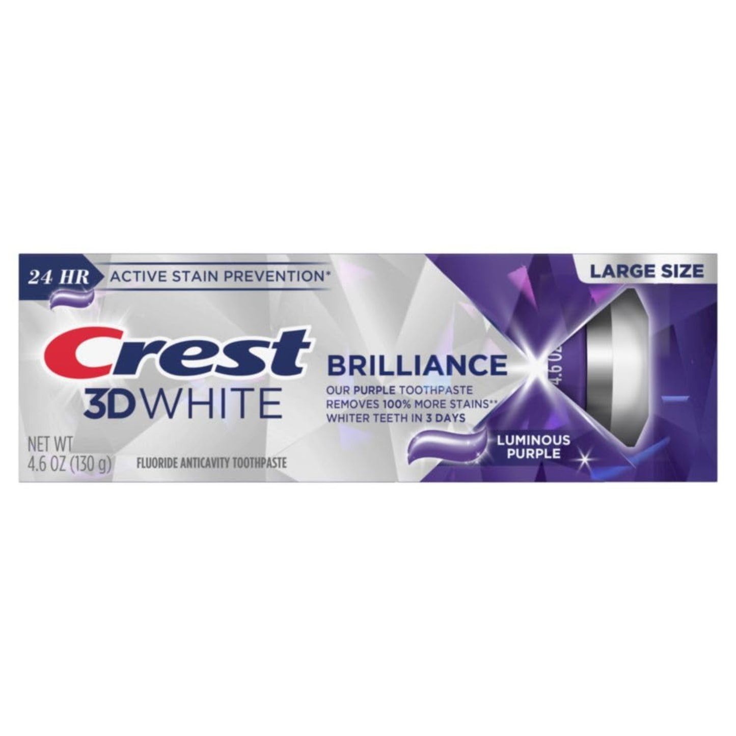 Crest 3D White Brilliance toothpaste tube on a white background