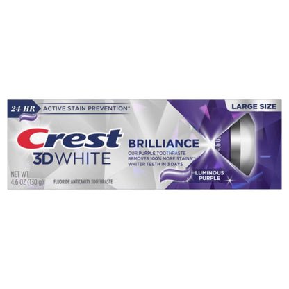 Crest 3D White Brilliance toothpaste tube on a white background