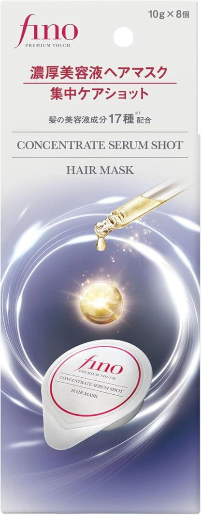 Fino concentrate serum shot hair mask packaging with gold droplet on a light purple background
