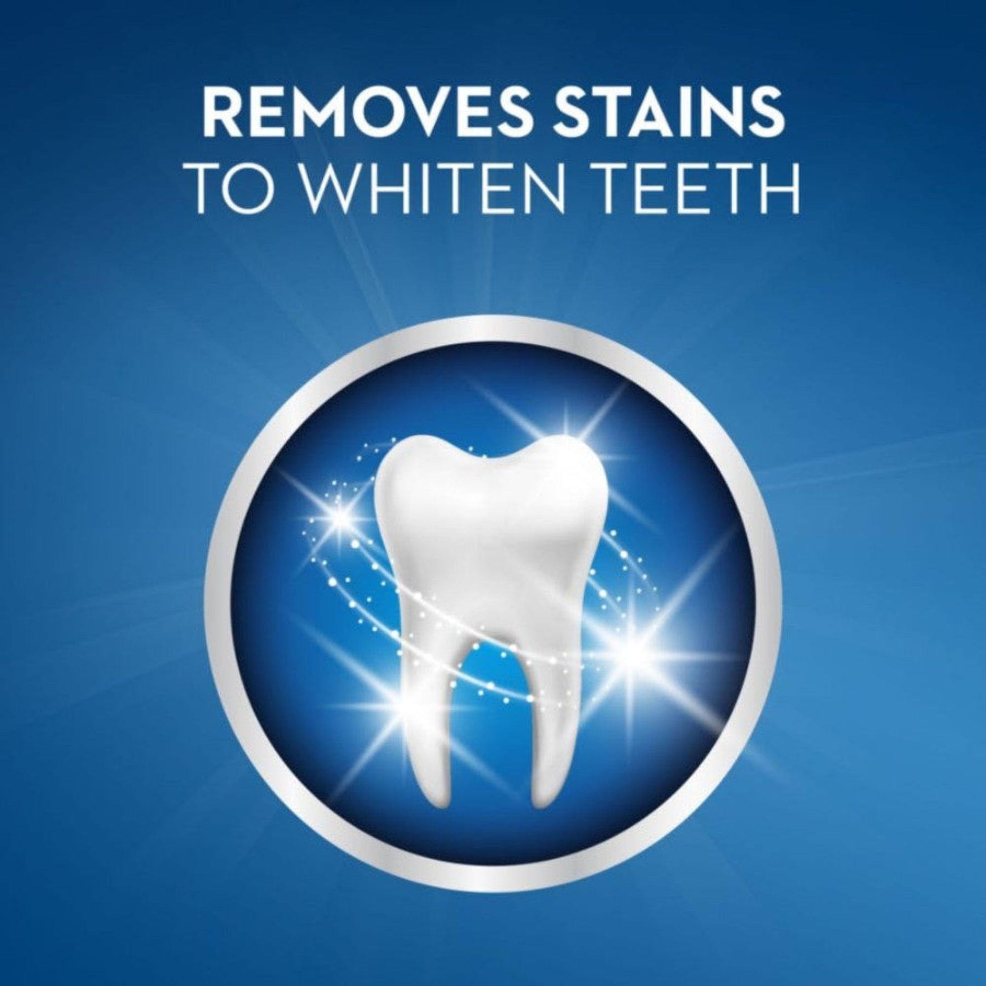 Teeth whitening product with a white tooth graphic on a blue background