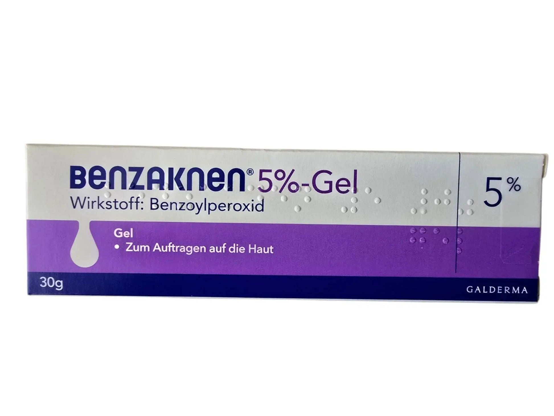 Benzaknen 5% Gel packaging with purple and white design