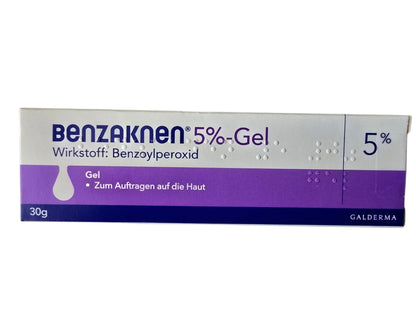Benzaknen 5% Gel packaging with purple and white design