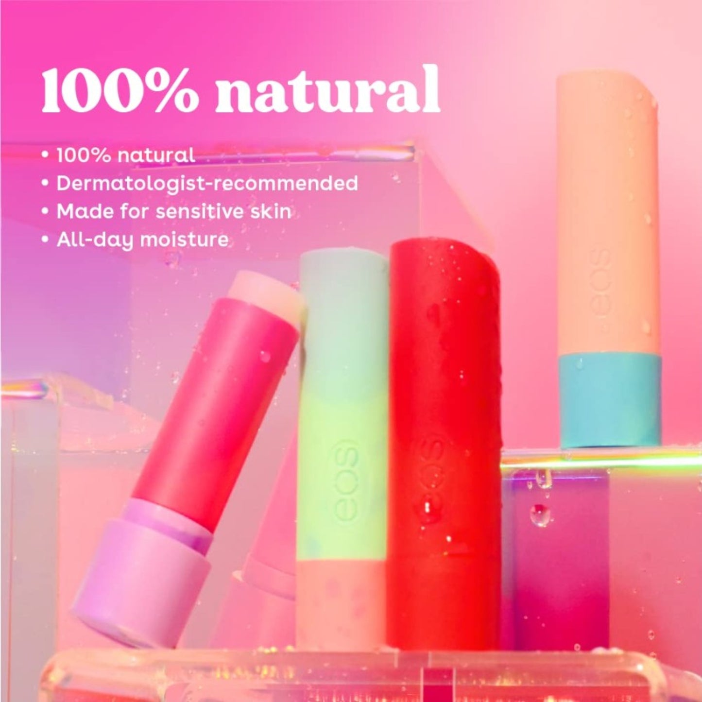 Colorful lip balm tubes with '100% natural' text on a pink background