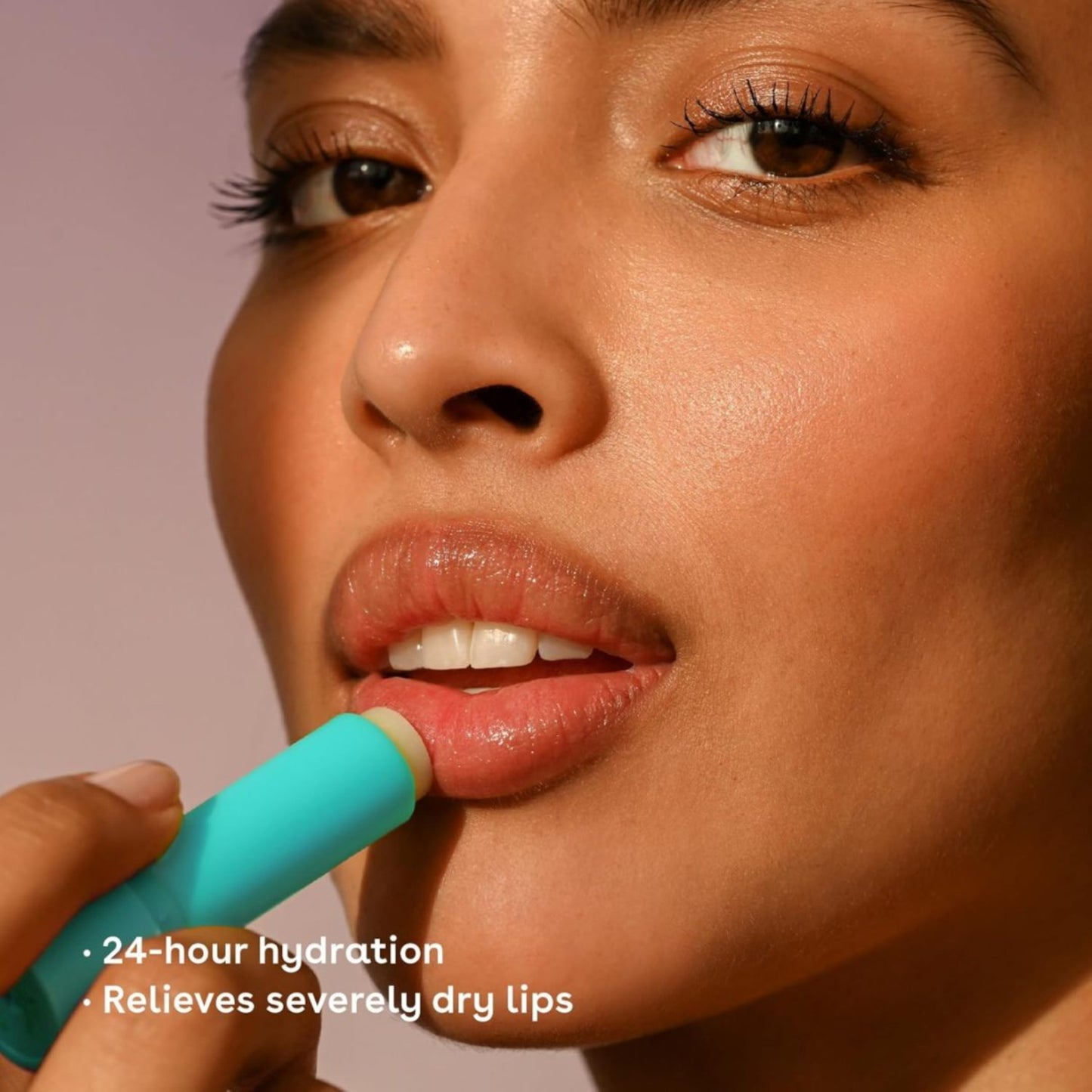 Person applying a lip balm with text about hydration and lip relief.