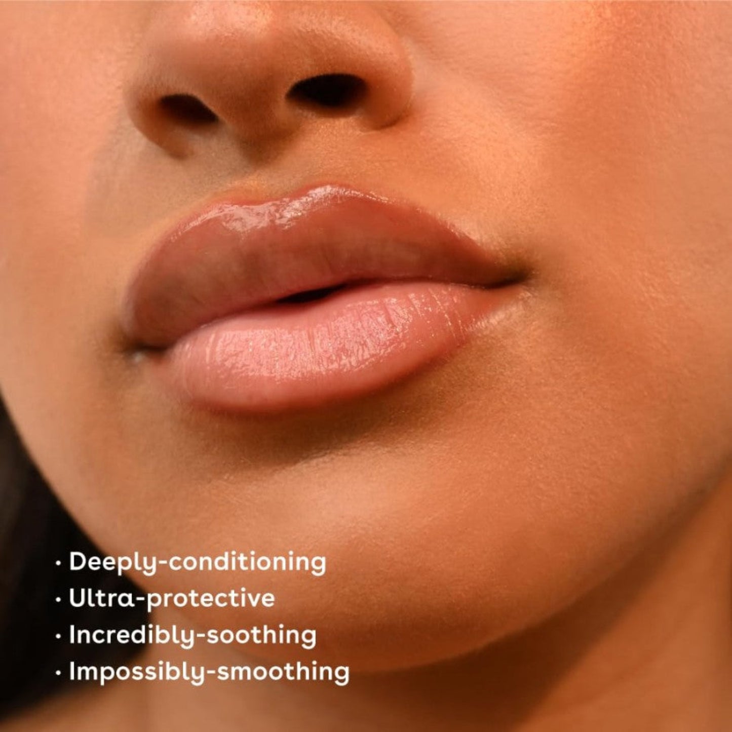 Close-up of a person's lips with text describing product features.