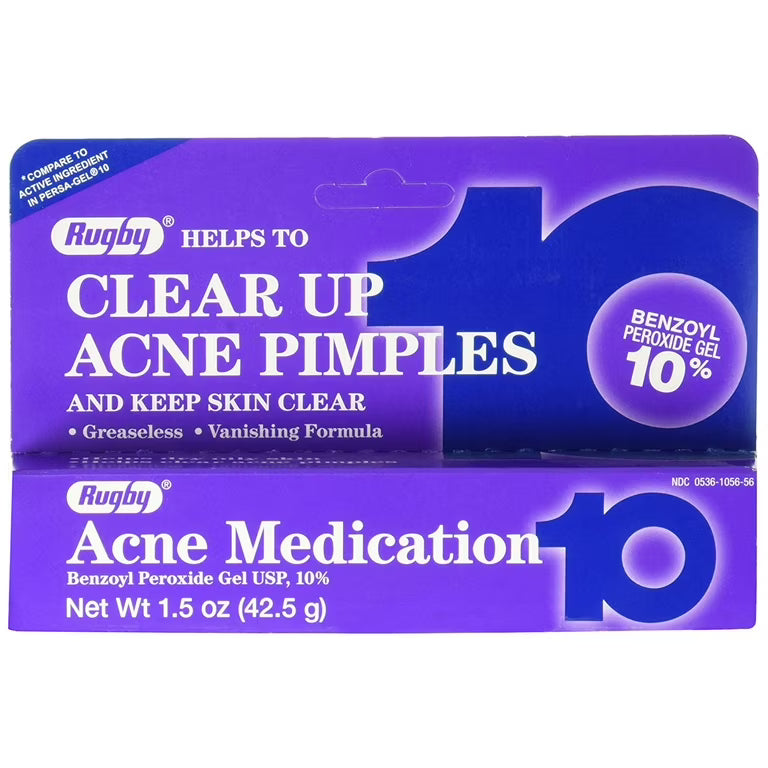 Purple packaging of Rugby Acne Medication with text on a white background