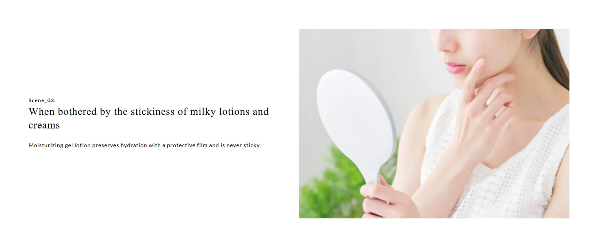 Person holding a white hairbrush with text about milky lotions and creams