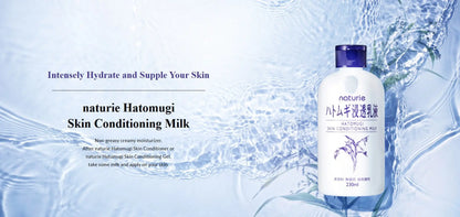 naturie Hatomugi Skin Conditioning Milk bottle with water droplets on a light blue background
