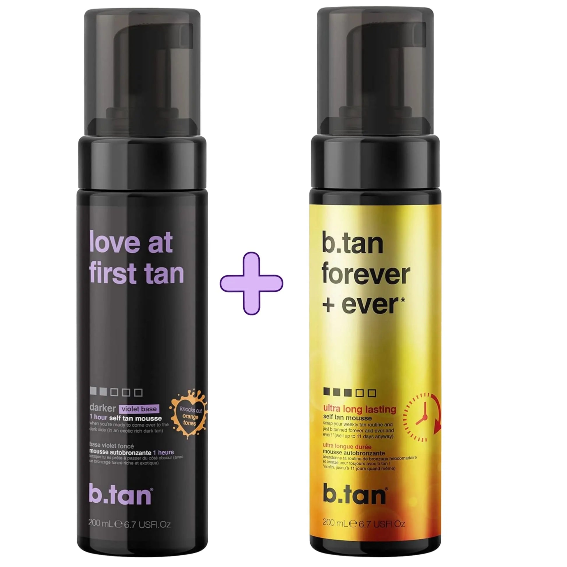 Two bottles of b.tan self-tanning mousse, one black and one gold, on a white background.