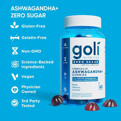 Ashwagandha Gummies Goli Vegan, Gluten - Free, No Sugar,vitamin D Maca Ashwagandha+ Gummies, 60 Gummies - Antiaging Cosmetics