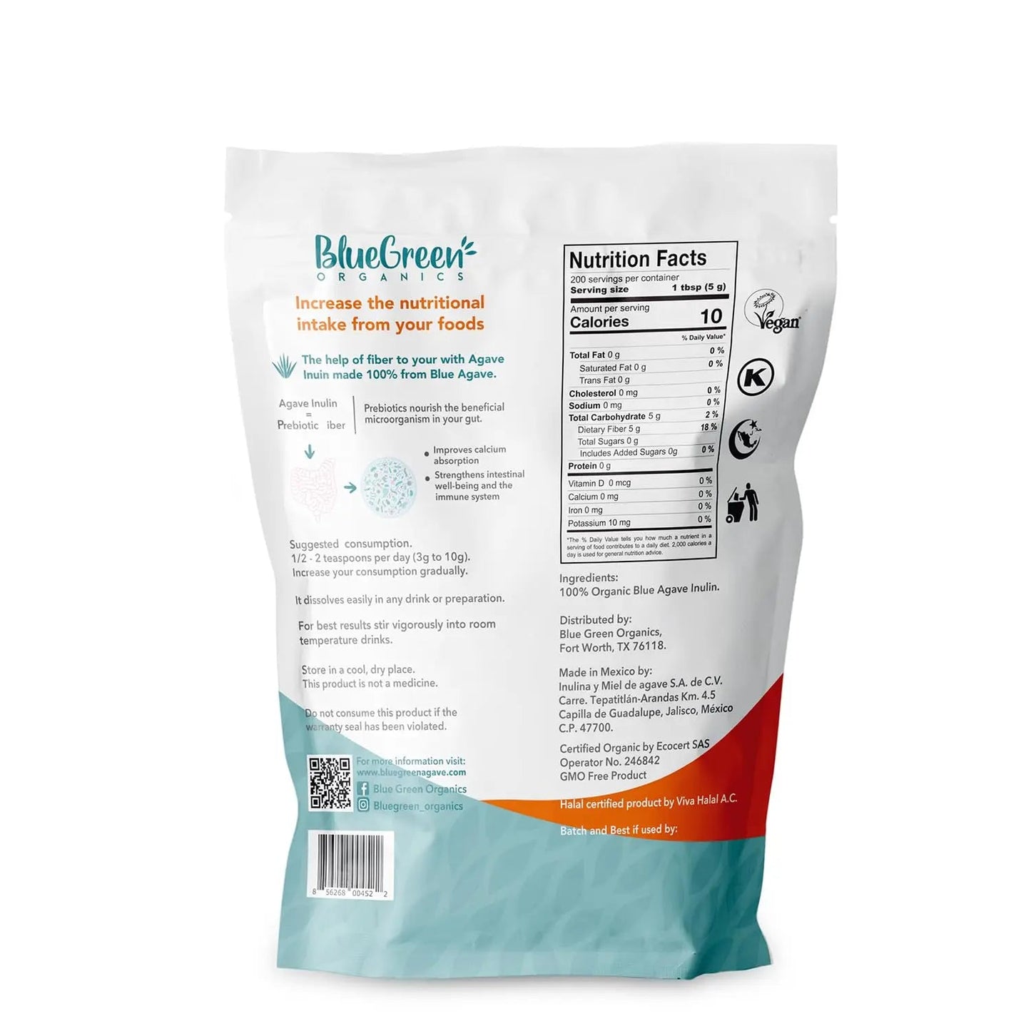 BLUEGREEN Organics, Organic Agave Inulin Powder, for coffee, beverages or baking, 350gr - Antiaging Cosmetics