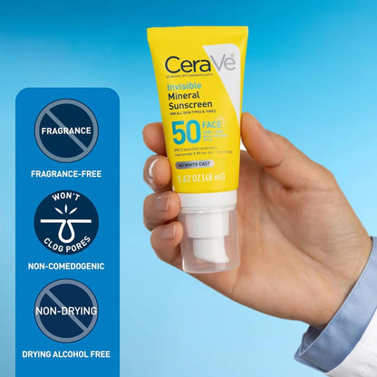 CeraVe SPF 50 Mineral Sunscreen for Face, Sensitive Skin, 48ml - Antiaging Cosmetics