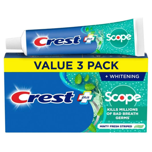Crest Scope Whitening Toothpaste Pack of 3 Fluoride Fresh Breath Anticavity Mint 459g - Antiaging Cosmetics