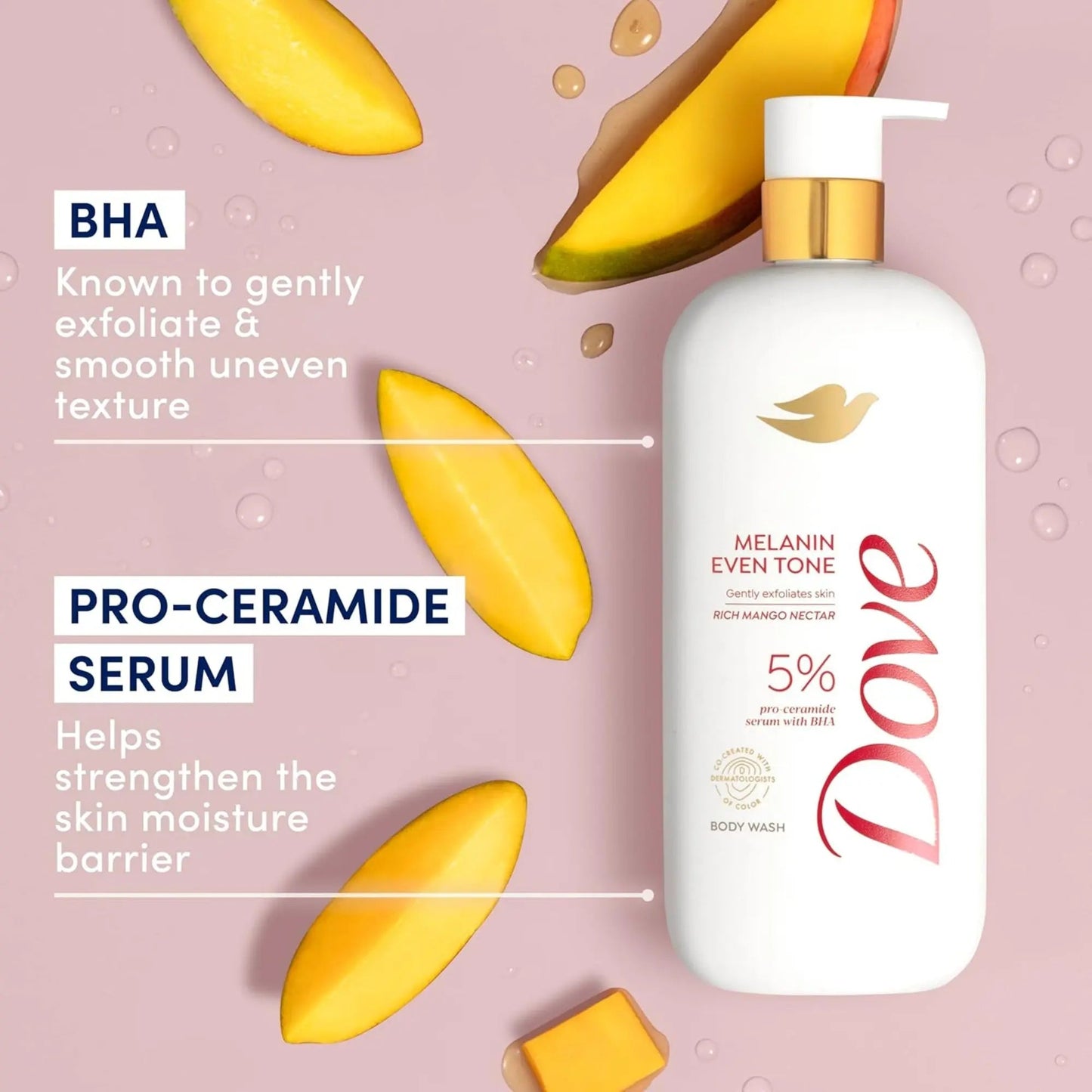 Dove Body Wash, Exfoliating , Melanin 5% Pro - Ceramide Serum with BHA - 18.5 oz (547ml) - Antiaging Cosmetics