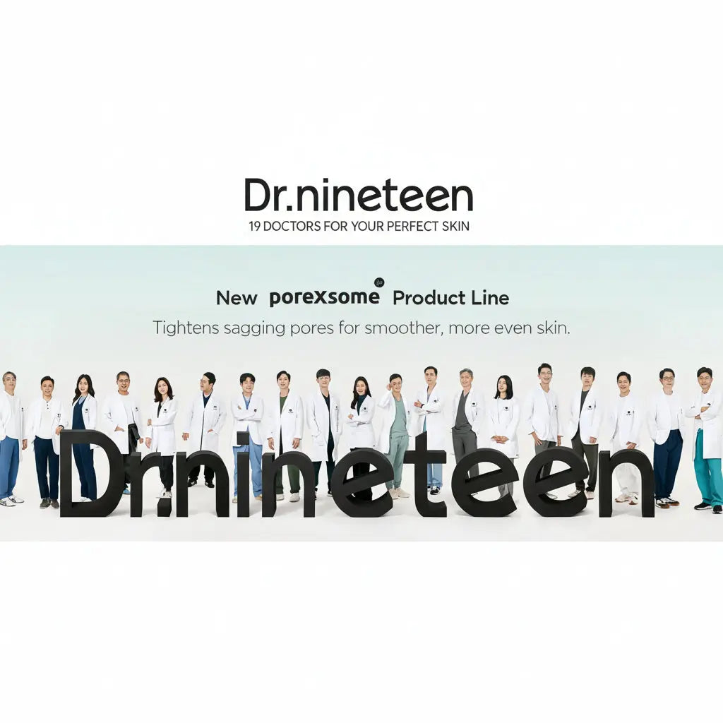 Group of people in white lab coats standing together with 'Dr.nineteen' branding.