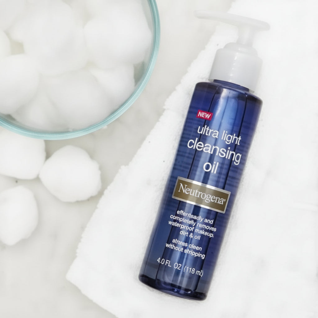 Neutrogena ultra light cleansing oil bottle with cotton balls on a white background