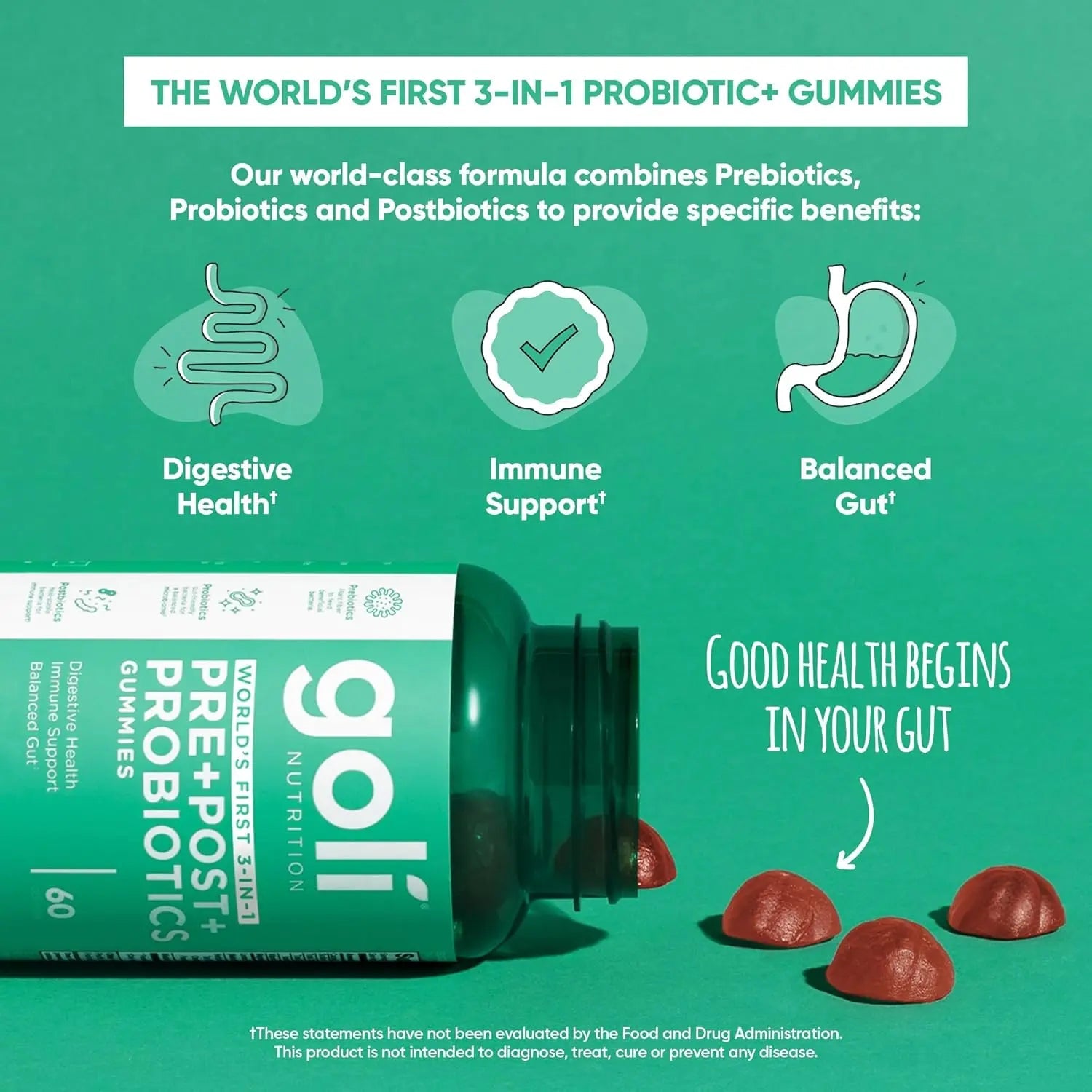 Goli 3 - in - 1 Pre Pro Postbiotic formula Pre Pro Postbiotic 60 Gummies - Antiaging Cosmetics