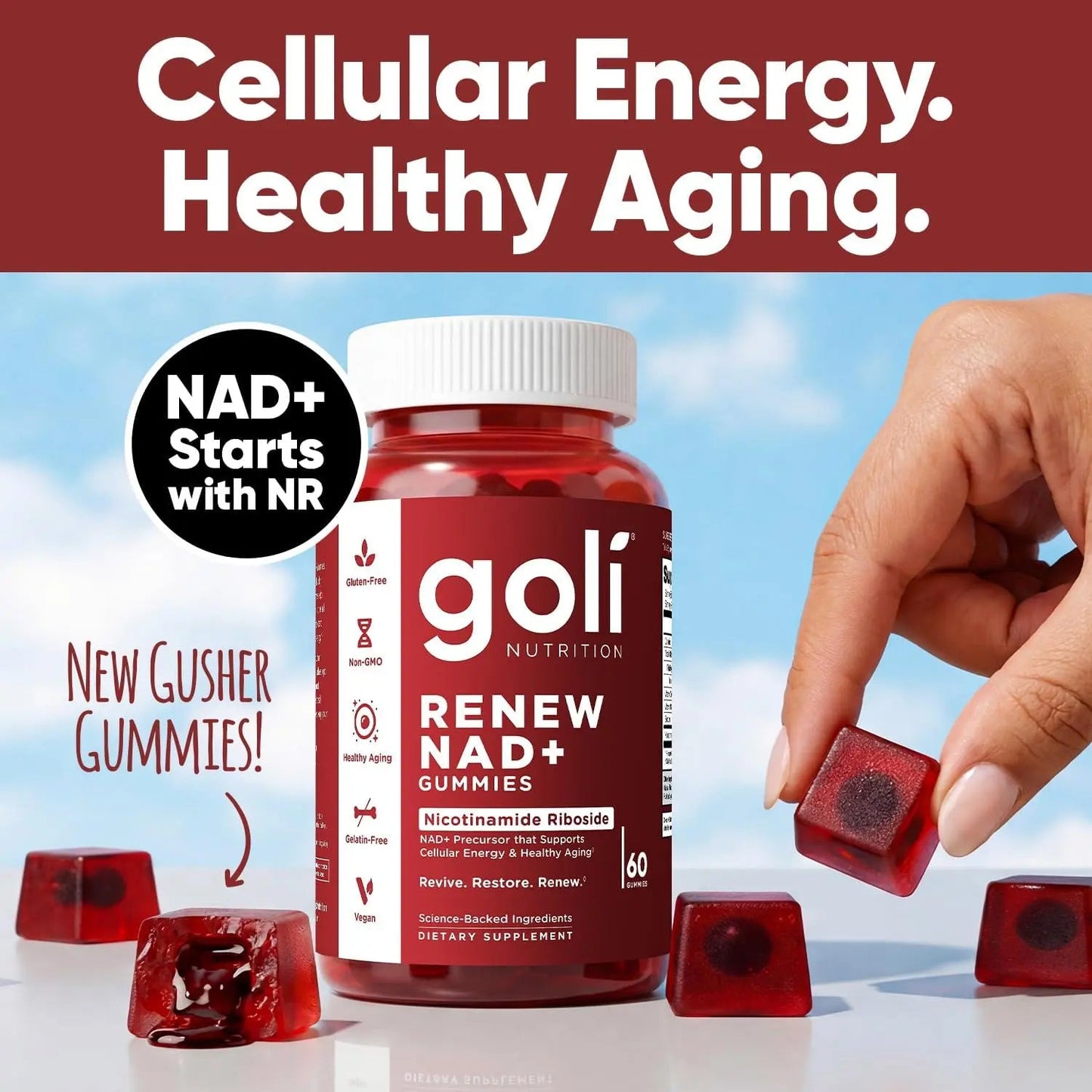 Goli Renew NAD+ Gummies (60 Count) – No sugar, Cellular Energy & Healthy Aging Support, 60 count - Antiaging Cosmetics