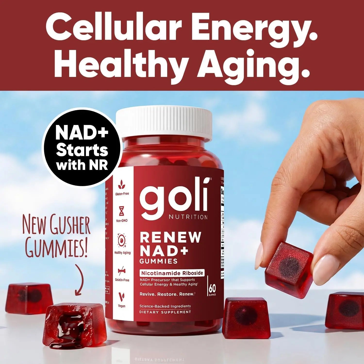 Goli Renew NAD+ Gummies (60 Count) – No sugar, Cellular Energy & Healthy Aging Support, 60 count - Antiaging Cosmetics