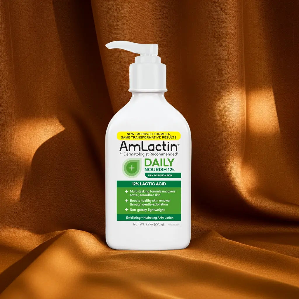 AmLactin Daily Nourish 12% bottle on a brown fabric background