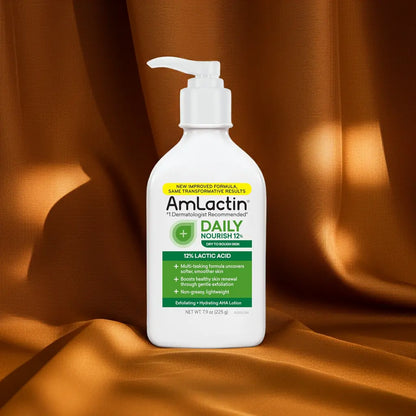 AmLactin Daily Nourish 12% bottle on a brown fabric background