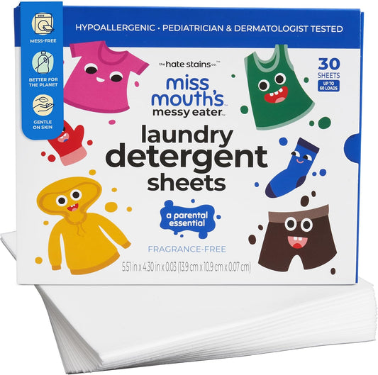 Miss Mouth’s Messy Eater Laundry Detergent Sheets 60 Loads – Hypoallergenic Fragrance - Free Laundry Sheets for Sensitive Skin, Travel Friendly, Pediatrician & Dermatologist Tested