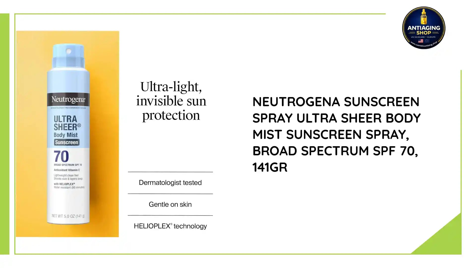 Neutrogena sunscreen spray Ultra Sheer Body Mist Sunscreen Spray, Broad Spectrum SPF 70, 141gr by@Outfy