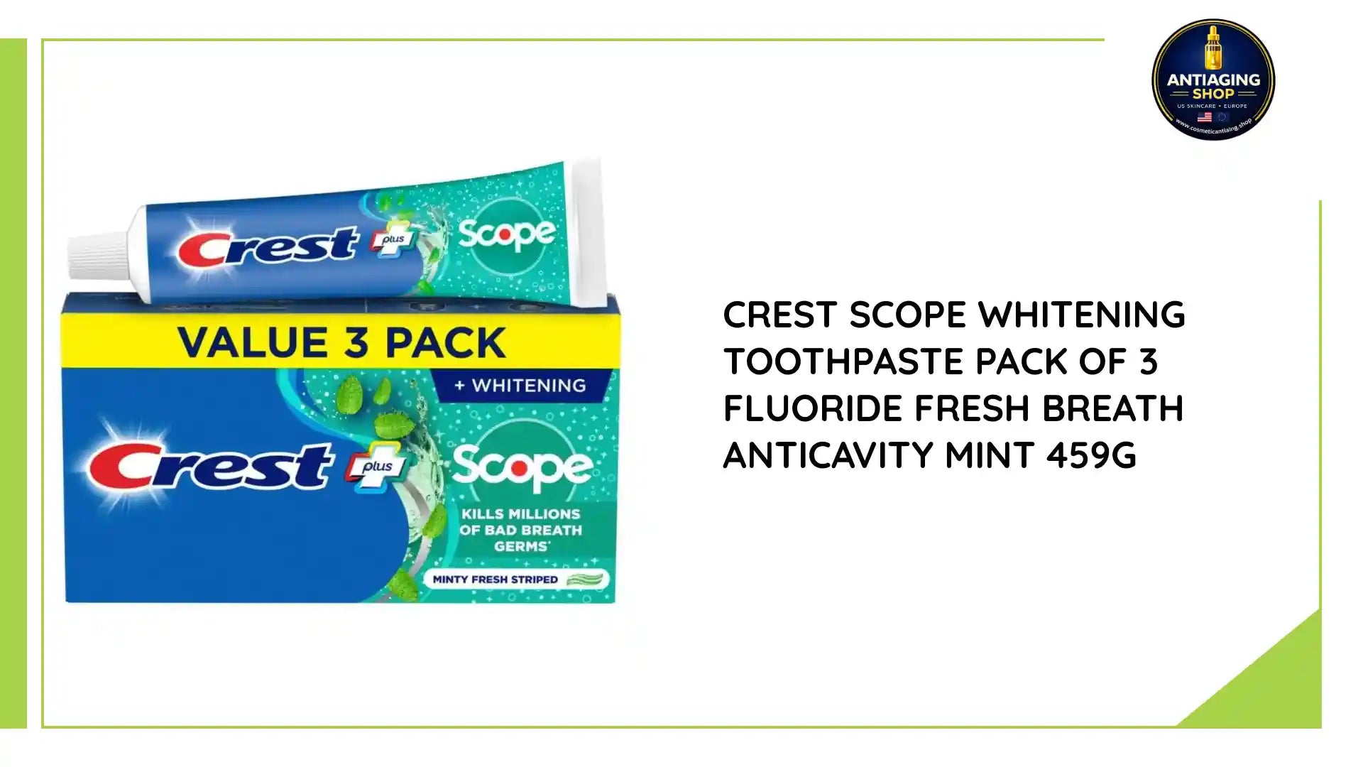Crest Scope Whitening Toothpaste Pack of 3 Fluoride Fresh Breath Anticavity Mint 459g by@Outfy