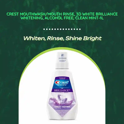Crest Mouthwash/Mouth Rinse, 3D White Brilliance Whitening, Alcohol Free, Clean Mint-1L by@Outfy
