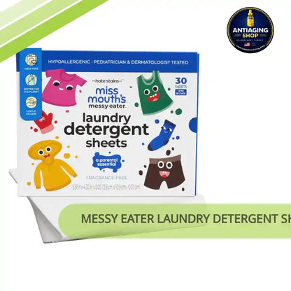 Messy Eater Laundry Detergent Sheets - 60 Loads, Hypoallergenic &amp; Fragrance-Free for Sensitive Skin by@Outfy