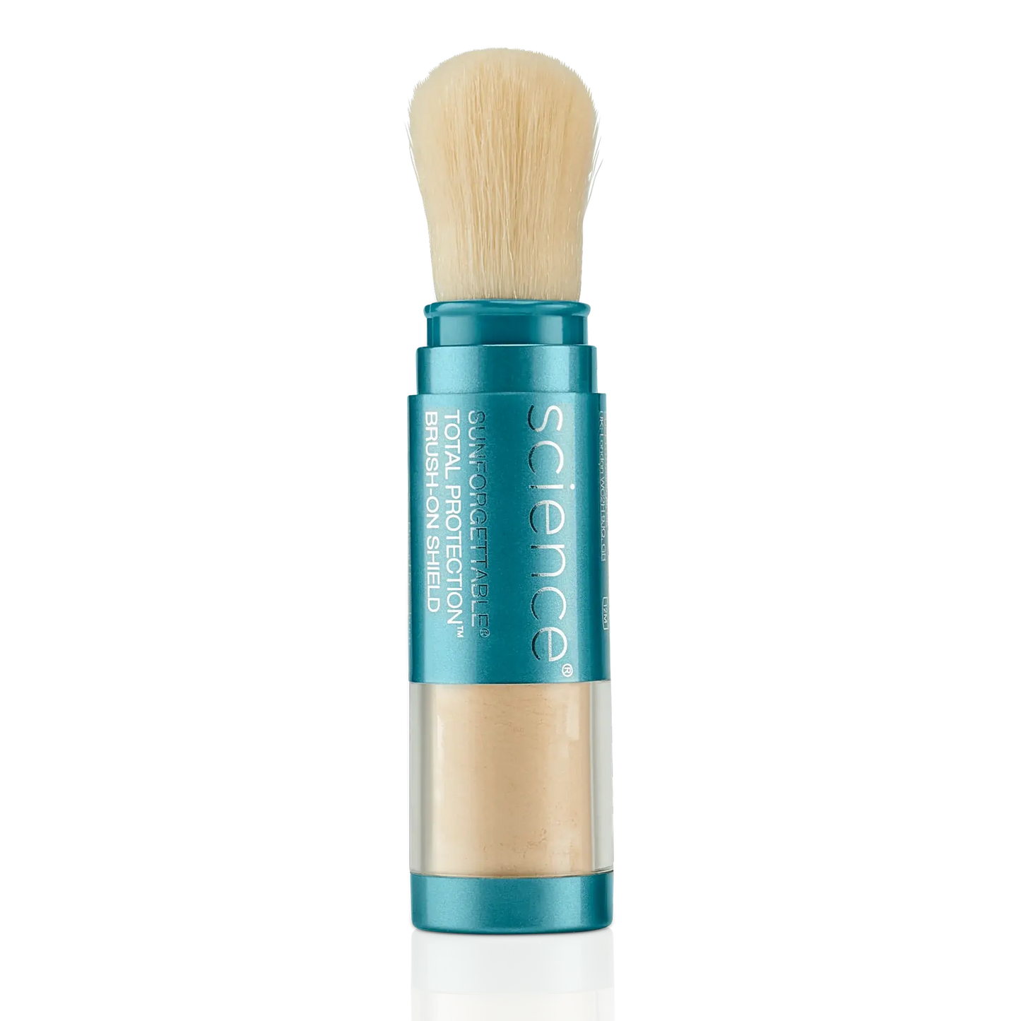 Makeup brush with blue handle and clear container on a white background