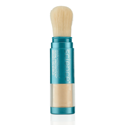 Makeup brush with blue handle and clear container on a white background