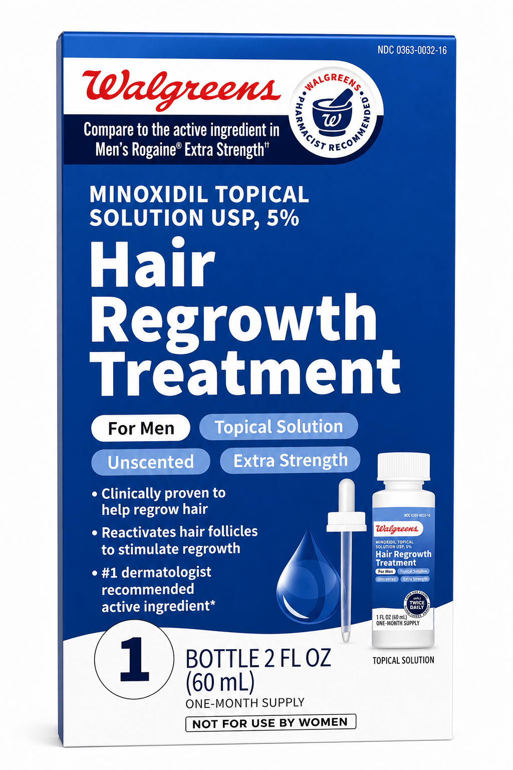 Walgreens Extra Strength 5% Minoxidil Men's Hair Regrowth Treatment Unscented - 1 bottle, 60ml - Antiaging Cosmetics