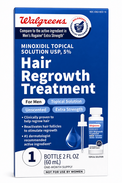 Walgreens Extra Strength 5% Minoxidil Men's Hair Regrowth Treatment Unscented - 1 bottle, 60ml - Antiaging Cosmetics